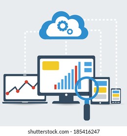 Responsive pc. Flat design modern vector illustration. SEO optimization,web analytics, programming process  elements.
