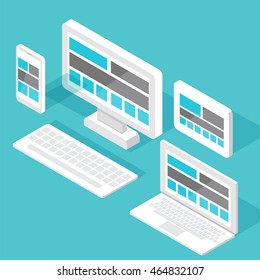 Responsive pc. Flat design modern vector illustration. SEO optimization,web analytics, programming process  elements.