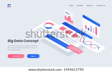 Responsive poster or landing page with infographic multiple website screen for Big Data concept based isometric design.