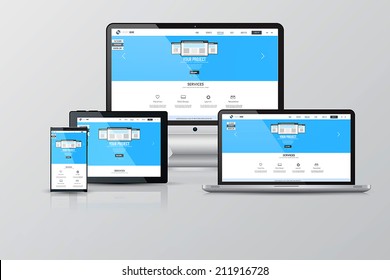 Responsive Screen Mockups. Computer, Notebook, Monitor, Tablet and Smartphone. Vector 