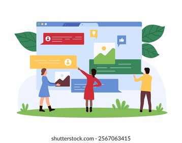 Responsive social media UI, chat messenger design development. Tiny people hold speech bubbles of SMS and pictures to put in dialog box and develop interface of mobile app cartoon vector illustration