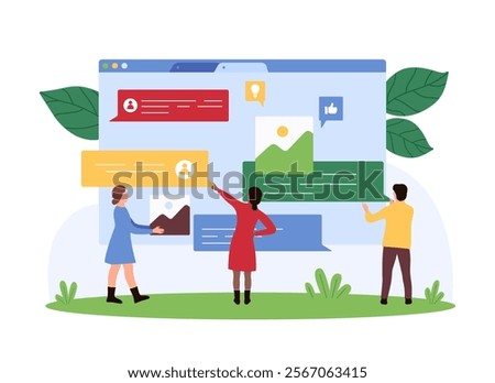 Responsive social media UI, chat messenger design development. Tiny people hold speech bubbles of SMS and pictures to put in dialog box and develop interface of mobile app cartoon vector illustration