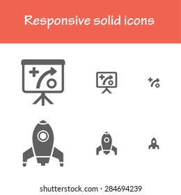 responsive solid strategy and rocket icons for computer, tablet and mobile interface