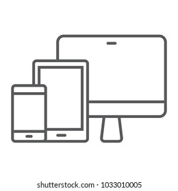 Responsive thin line icon, computer and laptop, devices sign vector graphics, a linear pattern on a white background, eps 10.