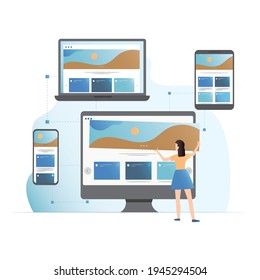 Diseño de ui para todos los dispositivos y gadgets. Mujer desarrolla sitio web, una aplicación en computadora, smartphone, tablet, laptop. Programador con dispositivos. Identidad corporativa de la empresa en Internet.