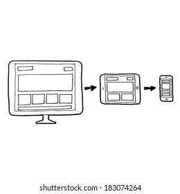 Responsive Web App Wireframe Design On Devices - Black And White Vector Sketch Illustration