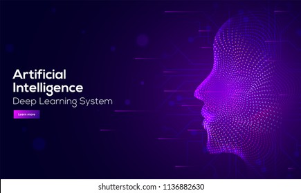 Responsive web banner design with illustration of human face made by tiny particles between glowing digital network for Artificial Intelligence (AI) deep learning concept. 