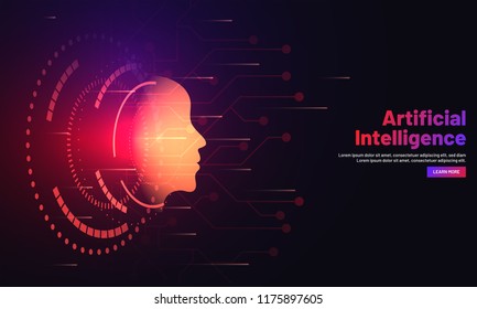 Responsive Web Banner Design With Illustration Of Human Face On Hi Tech Background For Artificial Intelligence (AI) Concept.