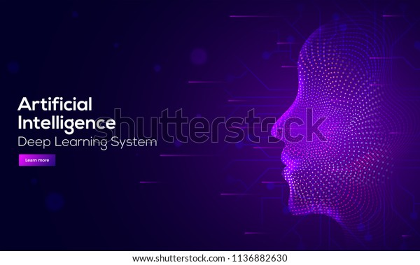 Responsive web\
banner design with illustration of human face made by tiny\
particles between glowing digital network for Artificial\
Intelligence (AI) deep learning concept.\
