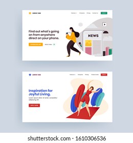 Banner web de respuesta o página de inicio, estilo de vida femenino como usar smartphone con aplicación de medios sociales y hacer ejercicio.
