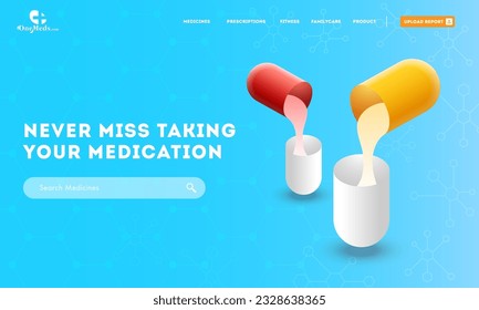 Responsive Web Banner or Landing Page Design with Given Message "Never Miss Taking Your Medicine" for Medical Concept.