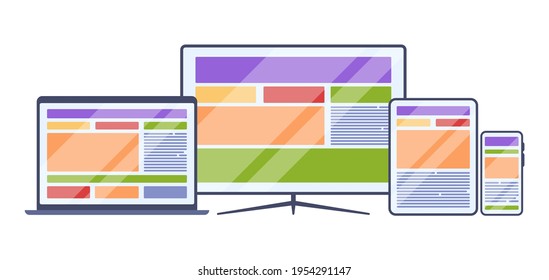 Web responsable. Páginas de sitios empresariales plantillas diseño adaptable varios gadgets visualización de pantalla ordenador escritorio smartphone diseño portátil conjunto de vectores chillones