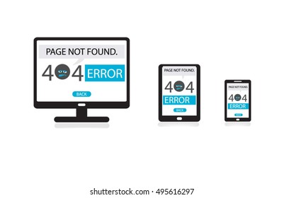Responsive web design, 404 Error page not found on computer, tablet, mobile phone screen. Internet link error sign.