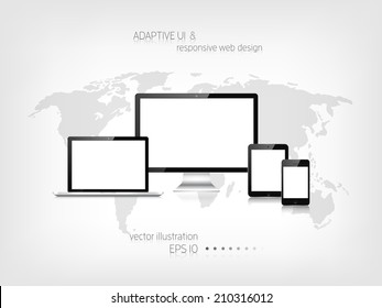 Responsive web design. Adaptive user interface. Digital devises. Laptop, tablet, monitor, smartphone. Web site template concept.