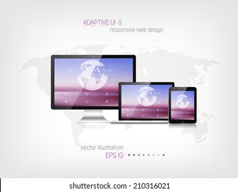 Responsive Web Design. Adaptive User Interface. Digital Devises. Laptop, Tablet, Monitor, Smartphone. Web Site Template Concept.