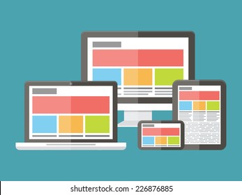 Responsive web design, application development and page construction. Flat style vector illustration.