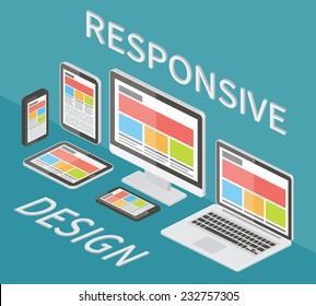 Responsive Web Design, Application Development And Page Construction. Isometric 3d Flat Style Vector Illustration.