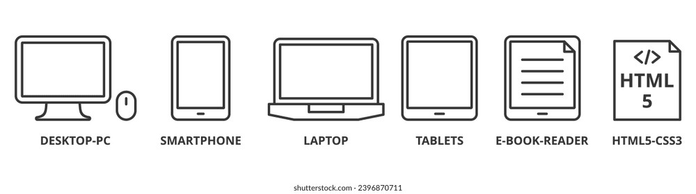 Responsive web design banner web icon vector illustration concept with icon of desktop-pc, smartphone, laptop, tablets, e-book-reader and html5-css3