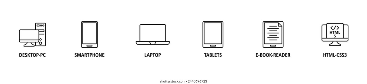 Concepto de ilustración vectorial de conjunto de iconos web de diseño web responsivo con icono de escritorio-pc, smartphone, portátil, tabletas, lector de libros electrónicos y html5-css3