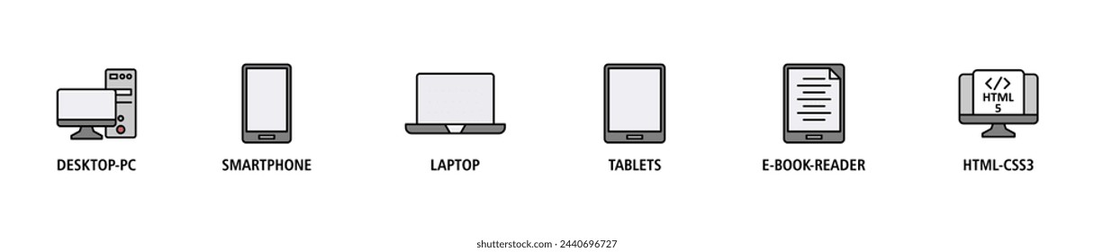 Responsive web design banner web icon set vector illustration concept with icon of desktop-pc, smartphone, laptop, tablets, e-book-reader and html5-css3