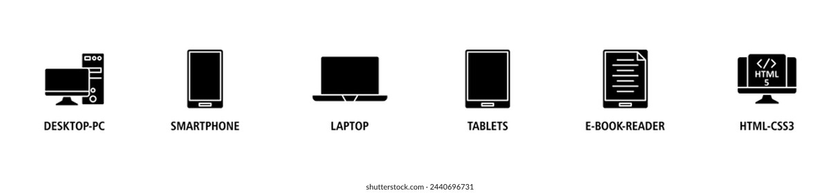 Responsive web design banner web icon set vector illustration concept with icon of desktop-pc, smartphone, laptop, tablets, e-book-reader and html5-css3