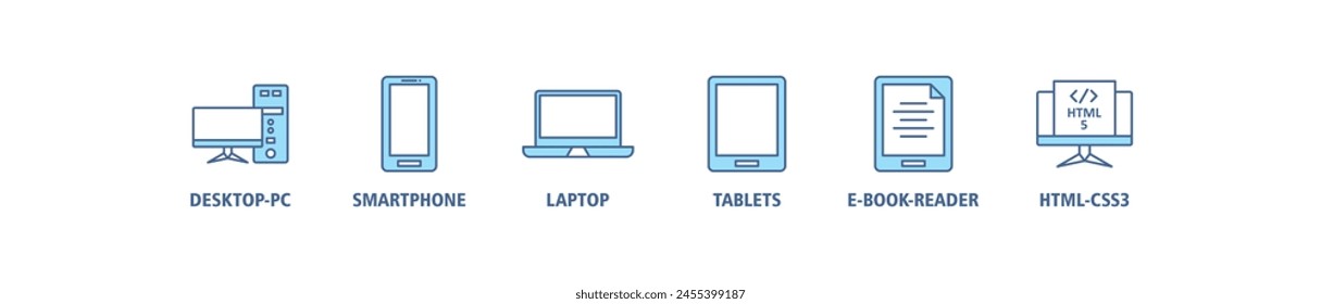 Responsive web design banner web icon set vector illustration concept with icon of desktop-pc, smartphone, laptop, tablets, e-book-reader and html5-css3