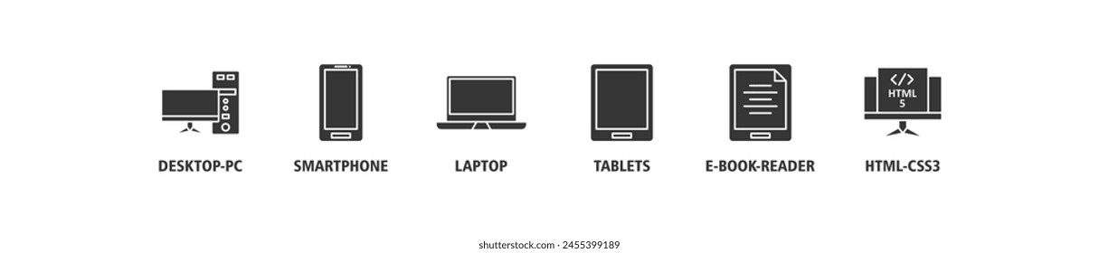 Responsive web design banner web icon set vector illustration concept with icon of desktop-pc, smartphone, laptop, tablets, e-book-reader and html5-css3