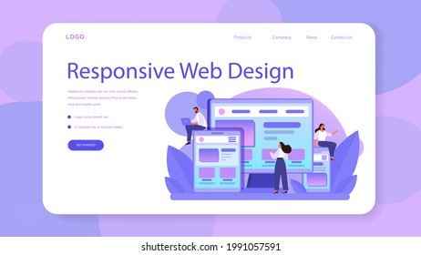 Responsive web design web banner or landing page. Adaptive content presentation on different web pages. Website layout, composition and color development. Flat vector illustration