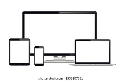 Responsive web design computer display with laptop and tablet pc with mobile phone isolated