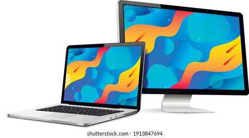 Responsive web design computer display with laptop isolated. Abstract geometric background on devices screen.