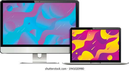 Responsive web design computer display with laptop isolated. Abstract geometric background on devices screen. Vector illustration.