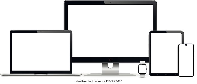 Responsive web design computer display, laptop, tablet pc, phone and smartwatch.