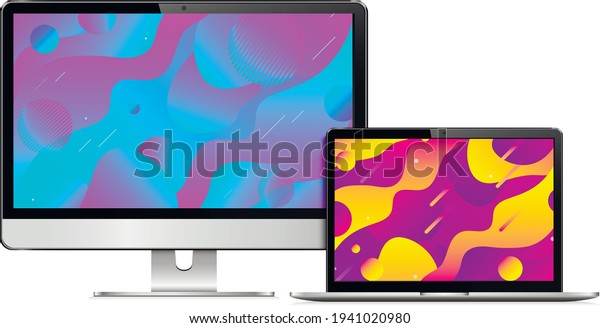 Responsive web design computer display with\
laptop isolated. Abstract geometric background on devices screen.\
Vector\
illustration.