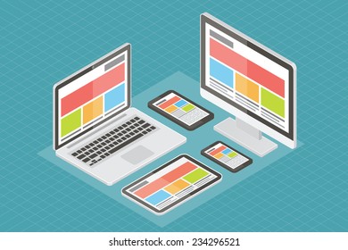 Responsive web design, computer equipment, application development and page construction. Isometric 3d flat vector illustration.