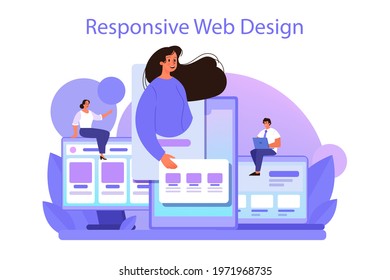 Responsive web design concept. Adaptive content presentation on different web pages. Website layout, composition and color development. Flat vector illustration