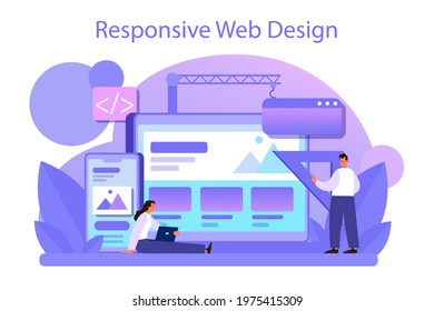 Responsive web design concept. Adaptive content presentation on different web pages. Website layout, composition and color development. Flat vector illustration