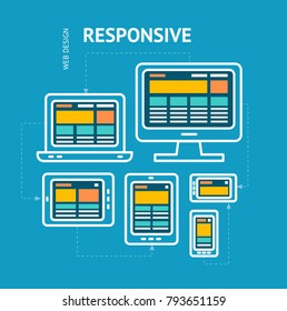 Responsive Web Design Concept on a Blue Background Desktop Monitor, Laptop, Tablet and Phone for Web. Vector illustration