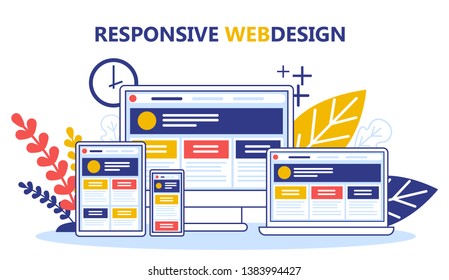 Responsive web design concept. Website development, programming and making responsive interface. Graphic design. New product with a good usability. Vector illustration in cartoon style