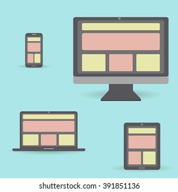 Responsive web design concept, website page on screen of desktop computer, laptop, tablet pc and smartphone