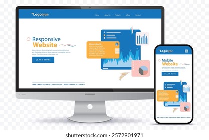 Responsive Web Design with Desktop Computer Screen and Mobile Phone Vector Illustration on Transparent Background.