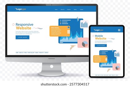 Responsive Web Design with Desktop Computer Screen and Tablet PC Vector Illustration on Transparent Background.