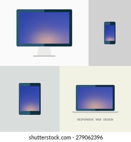 Responsive web design. Desktop monitor, laptop, tablet and smartphone. Blurred background. Vector illustration.