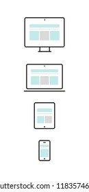 Responsive web design. Device: desktop computer, laptop, tablet and smartphone.. Web development, user experience. Vector illustration, flat design