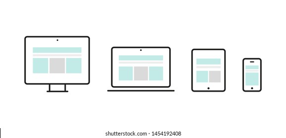 Responsive web design. Device: desktop computer, laptop, tablet and smartphone.. Web development, user experience. Vector illustration, flat design