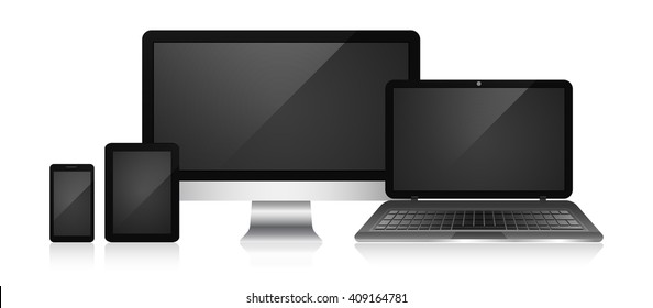 Responsive web design devices on a white background. Computer, tablet, smart phone and laptop. 