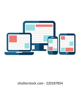 Responsive Web Design In Electronic Devices. Flat Design Vector Illustration Of Mobile And Desktop Website