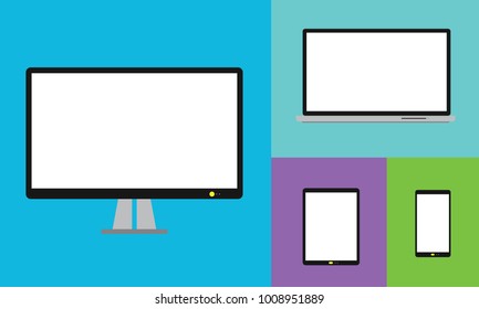 Responsive web design flat style devices on laptop, desktop computer, tablet, smartphone