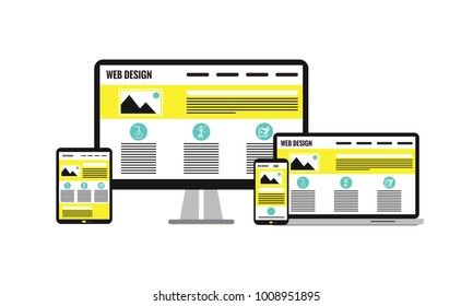 Responsive web design flat style devices on laptop, desktop computer, tablet, smartphone