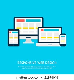 Responsive Web Design Gadgets Flat Concept. Vector Illustration of Laptop Desktop Tablet Phone Devices.