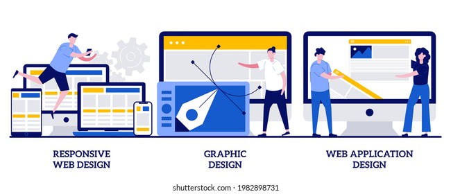 Responsive web design, graphic design, web application design concept with tiny people. Adaptive programming abstract vector illustration set. Multi device development, software engineering metaphor.